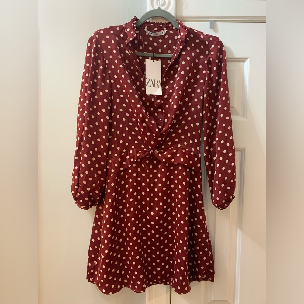 NWOT Women ZARA POLKA DOT SILKY / SATIN MINI DRESS BLOGGERS FAV Wine Small (Q) - Picture 6 of 12
